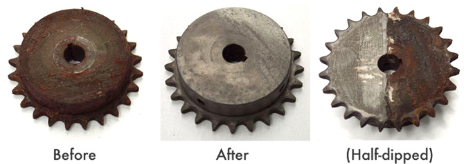 Photos of gears a customer has sent in of before, after, and a half dipped rusty gear treated with Rust Release&trade;